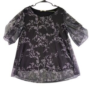 Sese Code‎ Shirt Women's XL Black Floral Sheer Mesh Overlay Tunic Flutter Sleeve